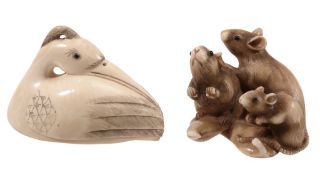 An Ivory Netsuke of three Rats , they sit and stand on two bean pods An Ivory Netsuke of three