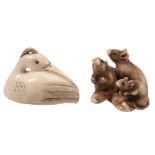 An Ivory Netsuke of three Rats , they sit and stand on two bean pods An Ivory Netsuke of three