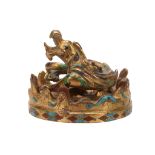 A Chinese Han-style gilt metal dragon and stand , inlaid with coloured stones A Chinese Han-style