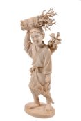 An Ivory Okimono of a Woodcutter, the man walks his saw and axe hanging from... An Ivory Okimono