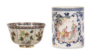 A Chinese famille rose tankard, Qianlong, painted with two figures and a deer A Chinese famille rose