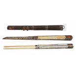 A Tibetan hardwood and steel chopstick set, 19th century, inlaid with malachite A Tibetan hardwood