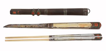 A Tibetan hardwood and steel chopstick set, 19th century, inlaid with malachite A Tibetan hardwood