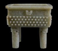 A PRIVATE FAMILY COLLECTION A fine Chinese celadon jade archaistic ritual vessel, Fang Ding, Qing