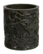 A good Chinese spinach jade carved brush pot, Bitong , 20th century A good Chinese spinach jade