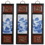 Three Chinese blue and white porcelain wood-mounted panels Three Chinese blue and white porcelain
