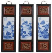 Three Chinese blue and white porcelain wood-mounted panels Three Chinese blue and white porcelain
