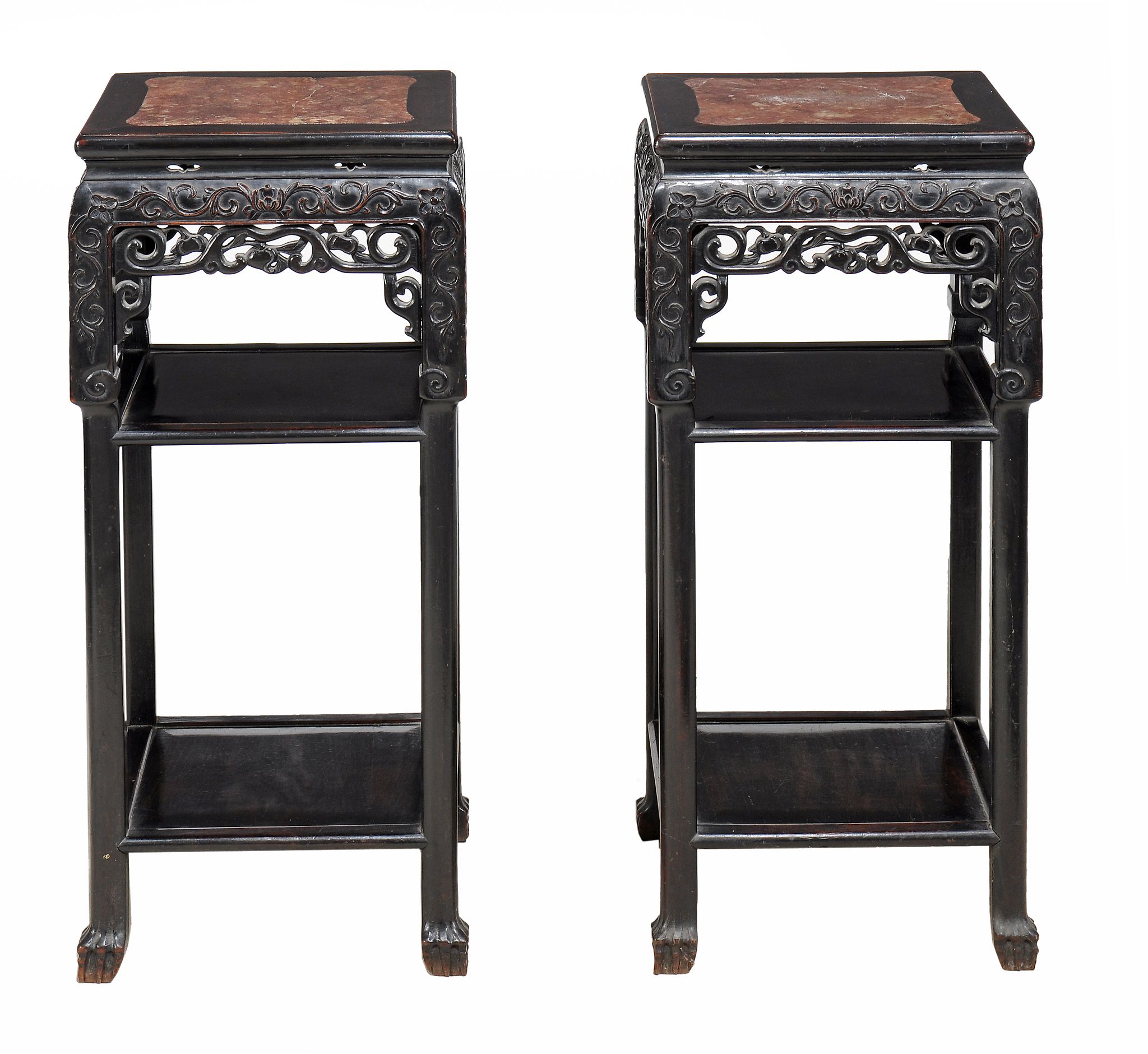 A pair of Chinese hardwood marble inset stands, late Qing A pair of Chinese hardwood marble inset