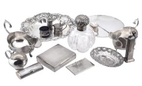A collection of silver and silver coloured items,   including: a silver oval sauce boat by Adie