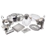 A collection of silver and silver coloured items,   including: a silver oval sauce boat by Adie