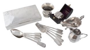 A collection of silver and silver mounted items,   comprising: a rectangular cigarette box,