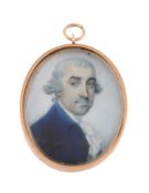 Richard Crosse (1742-1810) Portrait of a middle aged gentleman, in a blue coat  3.2cm x 2.4cm, oval