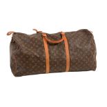 Louis Vuitton, Keepall, a large brown cotton and leather weekender bag,   with all-over logo print,