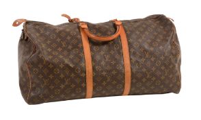 Louis Vuitton, Keepall, a large brown cotton and leather weekender bag,   with all-over logo print,