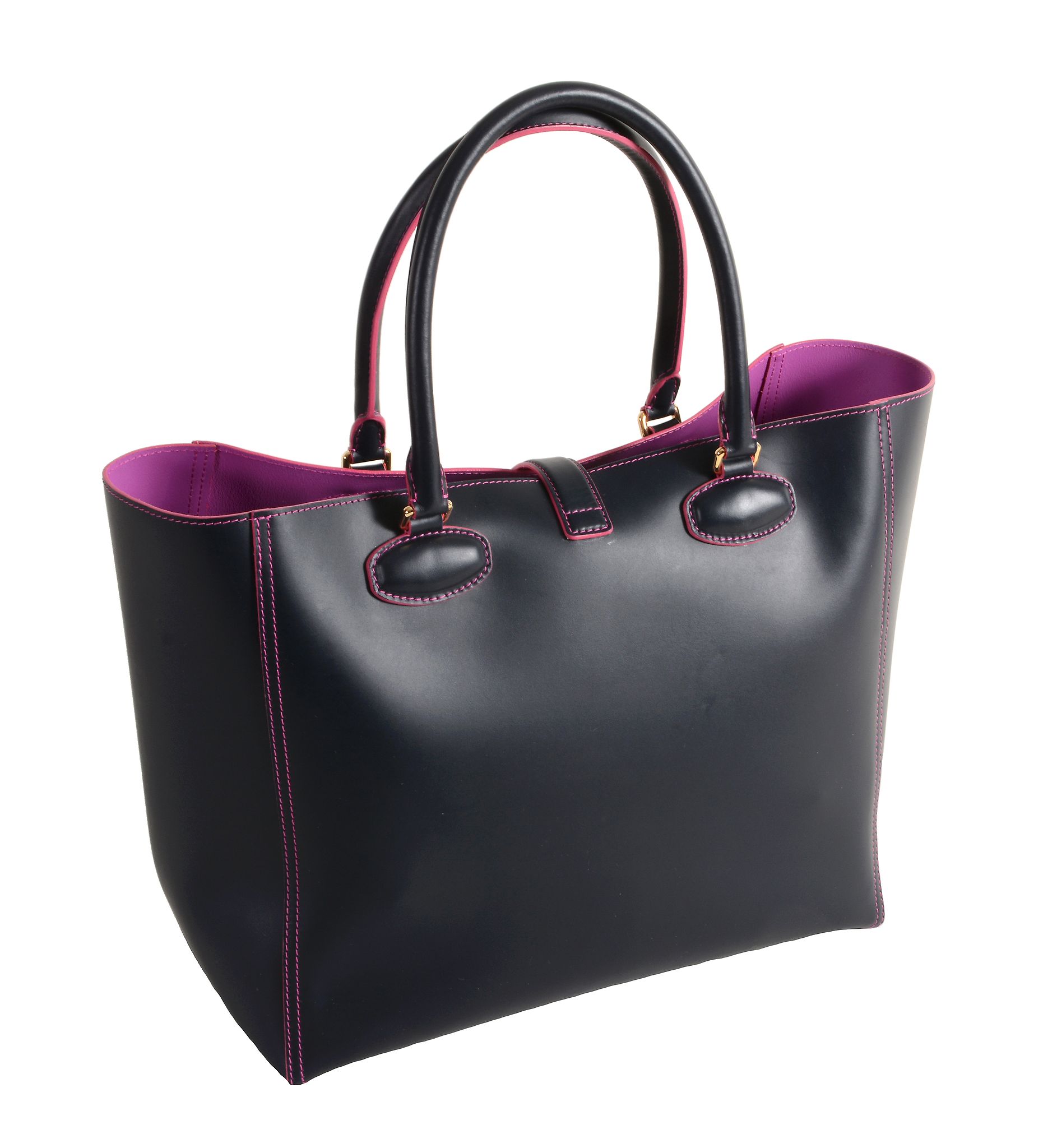 Loewe, a navy leather tote handbag,   with contrasting pink stitching and pink leather interior, - Image 2 of 4