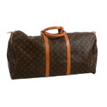 Louis Vuitton, Keepall, a large brown canvas and leather weekender bag  , with all over logo print,