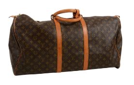 Louis Vuitton, Keepall, a large brown canvas and leather weekender bag  , with all over logo print,