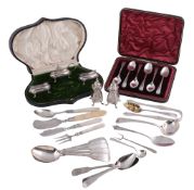 A silver cruet set, cutlery and flatware,   including: an oblong baluster five piece cruet set by