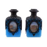 A pair of  French Palais Royal blue glass and gilt mounted scent bottles,   circa 1850, set with