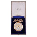 An 18 carat gold slim open face pocket watch,   no. 11838, bar lever movement, gold engine turned