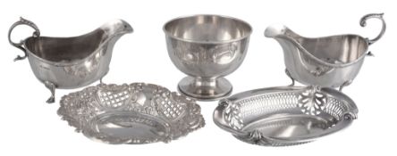 A pair of silver oval sauce boats by Walker  &  Hall,   Sheffield 1926; two sweet baskets, by A.