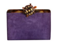 Isabel Canovas, a purple suede envelope clutch  , with a tortoiseshell effect trim and tortoise and