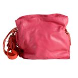 Loewe, a pink leather shoulder bag,   with a contrasting red leather drawstring with tassels on