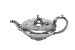 An early Victorian silver compressed circular tea pot by William Richards,   London 1842, with a