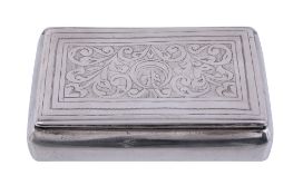 A Moroccan or Algerian silver rectangular box,   stamped marks, 19th century, the cover engraved