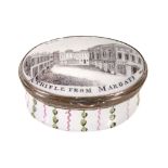 A Bilston enamel oval snuff box,   circa 1780, the cover printed with a street scene   The New