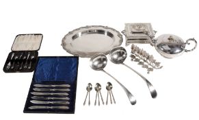 A small collection of silver items,   to include: a rectangular cigarette case by William Hinds