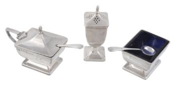 A silver rectangular pedestal three piece cruet set by Mappin  &  Webb,   Birmingham 1911, with two