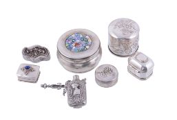 Six silver coloured boxes and and a scent flask  , comprising: three Italian boxes, all post 1968,