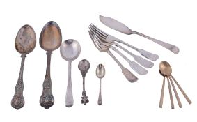 A collection of silver flatware,   to include: five George IV fiddle pattern dessert spoons by