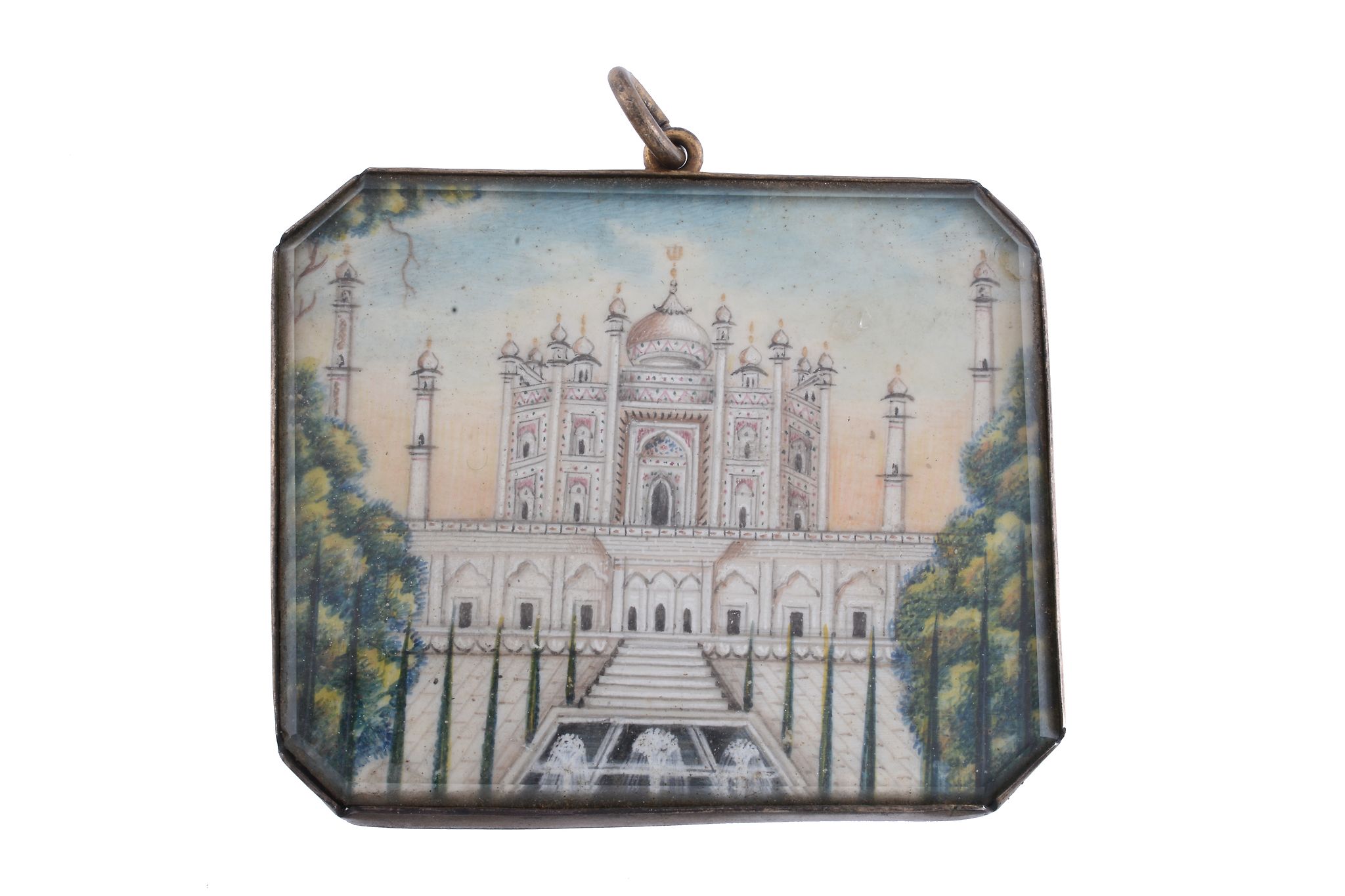 Indian (Delhi) school,   late 19th century, a miniature painting of the Taj Mahal, 5cm x 6cm, in a