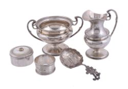 A collection of silver,   to include: an Edwardian baluster cream jug and sugar basin by John Round