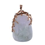 A jade and diamond pendant,   the twisted branch like 9 carat gold setting with brilliant cut