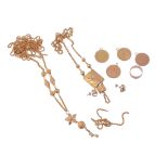 A small collection of gold coloured jewellery  , comprising: two fancy link necklaces; a gold