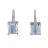 A pair of aquamarine and diamond earrings,   the rectangular shaped aquamarine in a four claw