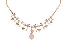 A late Victorian opal and seed pearl necklace  , circa 1900, the graduated round cabochon opals