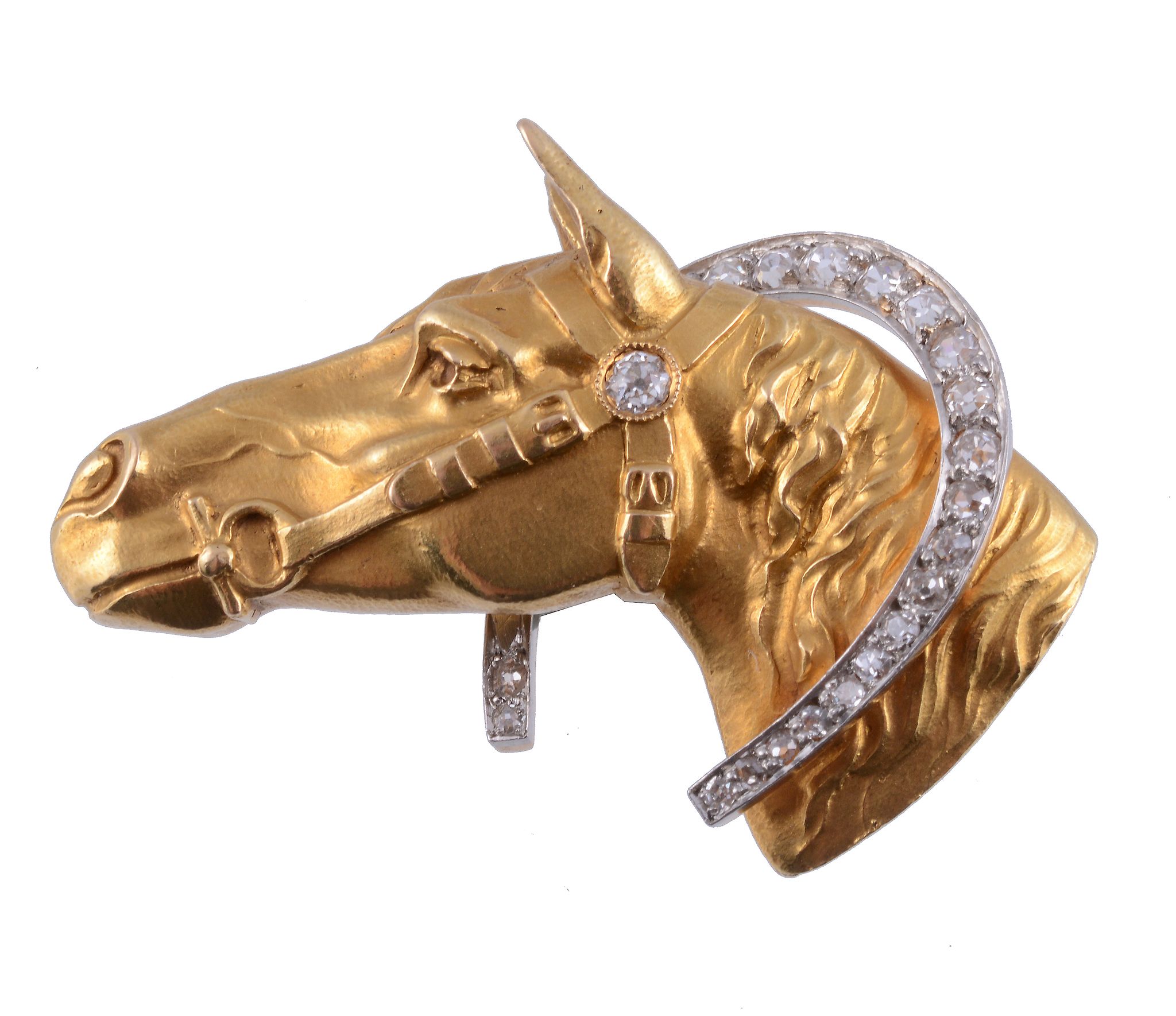 An early 20th century horse head brooch,   circa 1900, the bridled horse with an old cut diamond