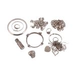 A collection of silver and silver coloured jewellery  , to include a polished silver bangle; a