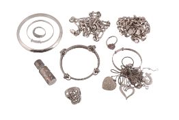 A collection of silver and silver coloured jewellery  , to include a polished silver bangle; a