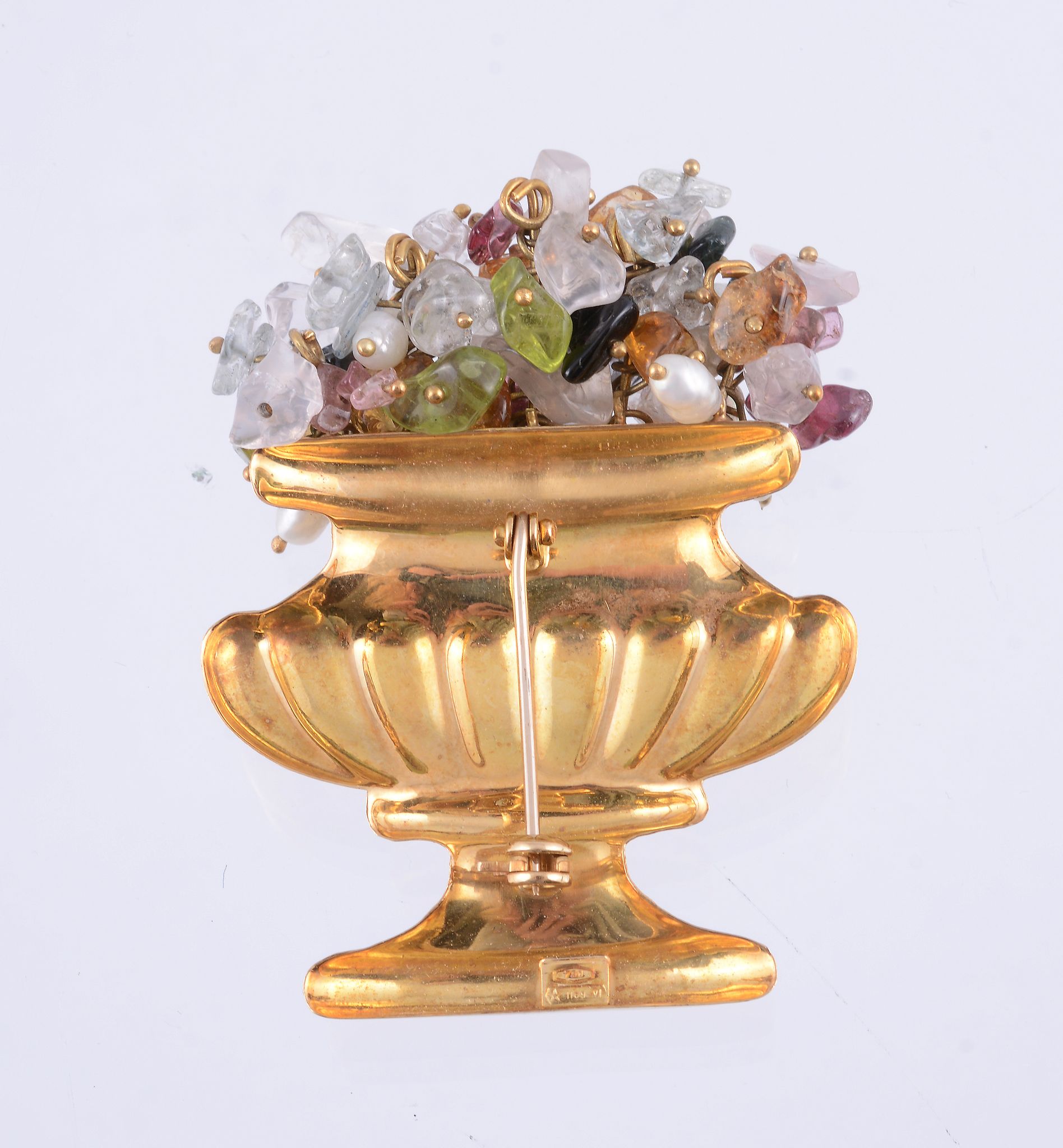 A gem set giardinetto brooch,   the polished reeded vase containing a foliate spray of vari cut - Image 2 of 2