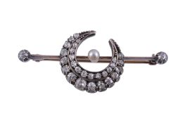 A late Victorian diamond and pearl crescent bar brooch  , circa 1880, the crescent with two rows of
