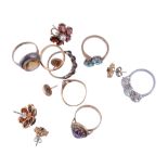 A small collection of jewellery,   to include: a single stone diamond ring; a three stone white