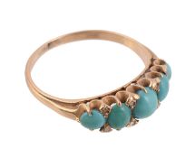 A late Victorian five stone turquoise ring  , circa 1890, the cabochon turquoise with rose cut