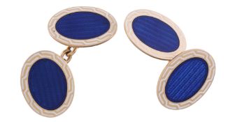 A pair of blue enamel double sided cufflinks,   the  oval panels with a central oval panel of blue