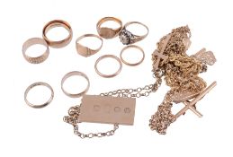 A collection of gold and gold coloured jewellery  , to include; two 22 carat gold band rings; seven