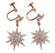 A pair of diamond star earrings,   the star shaped panel set throughout with old brilliant cut and